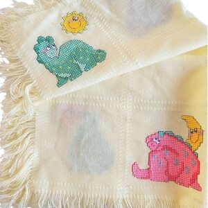Handmade Cross Stitched Baby Blanket Fringed Yellow Fun Playful Cute Dinosaurs